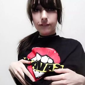 Bratty Goth girl teases by playing with tits