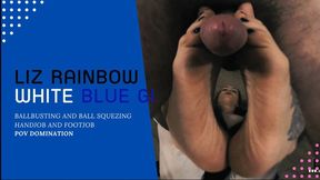 Liz Rainbow white and blue gi ballbusting and ball squeezing handjob and footjob domination