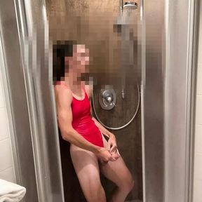 Red  &amp; wet Swimsuit, masturbation in shower