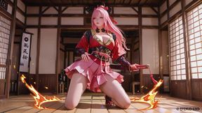 Crimson Samurai! Pink-haired Warrior Kneeling on Tatami, High-slit Kimono Slipping to Reveal Snowy Thighs.