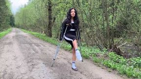 Lia walking on crutches, metal crutches walking, broken leg, twisted ankle, one ballet flat walk