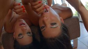 Stunning brunettes Maria Fiori and Athina get their throats fucked