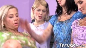 Four Hot Vixens Devour & Utilize Lucky Dude For Their Pleasure