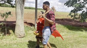 Little Red Riding Hood, the Naughty Girl, Meets a Horny Lumberjack and Shows off Her Pussy in the Middle of the Road.