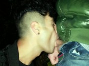 Twink sucks , swallows and jerks off in a car park throught rainy evening