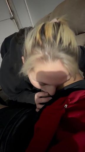 Sneaky Petite Blonde Sucking Cock in the Garage