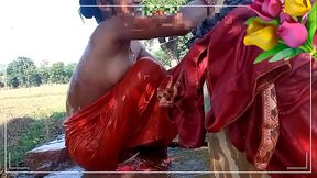 Rati bhabhi was taking bath outside, husband'_s cock stood up and he went home and fucked Rati bhabhi