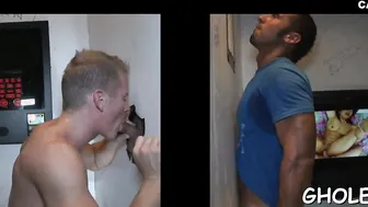 Twink sucks and jerks a hard cock through a gloryhole