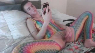 Sissy femboy ejaculation in rainbow underwear