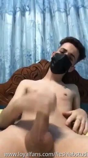 Tatted White Twink Jerks His Shaved Cock on Bed Until He Unloads
