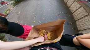 Public Double Handjob Hidden In Fries Bag, Hard Throbbing Excitement!