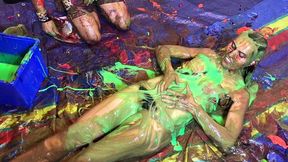 very naughty sexy girl, playing with custard pies and messy slime