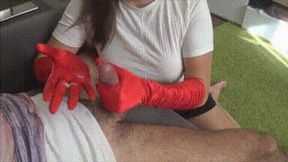Sensitive handjob with red satin gloves and punish him