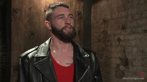 Suspended in a Center Split, Helpless Uncut Stud Blows a Huge Load!