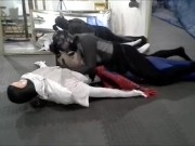 black meshed frogman vs white spandex and spiderman dummy