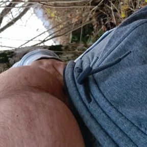 Hairy bear shows off his body and cock in the woods, outdoor