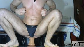 man with shaved body having fun with his toys