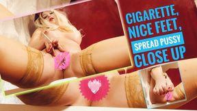Cigarette, nice feet, spread pussy close up MOV