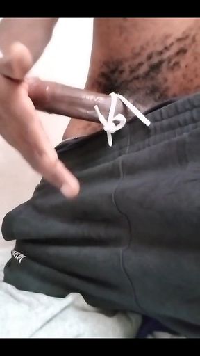 Skinny Black Amateur Gently Massaging His Massive Hard Dick in the Morning Part 1