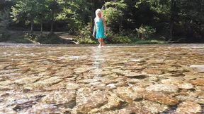 Sexy T-girl Swimming in Mountain River and Wetting Teal Summer Dress...