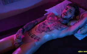 Hot Tattooed Twink Jerking His Big Uncut Cock with Oil and Shooting His Cum
