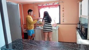 stepmom gets a surprise fuck in the kitchen from her stepson, taboo sex
