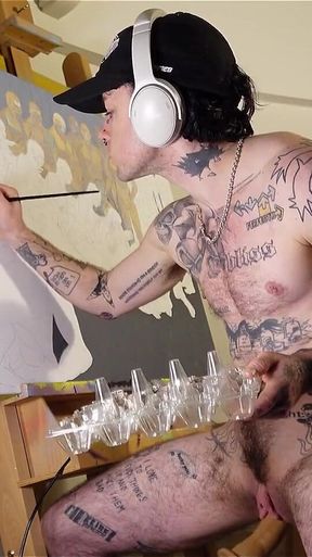 Horny Ftm Artist XXX Skips Works on a Painting While Getting His Pink Boy Pussy Pounded by a Fucking Machine