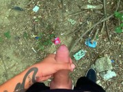 Glossy glans with precum cums at the cruising sex area