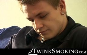 Bad stud Tomy chainsmoke his red cig while jerking on the couch