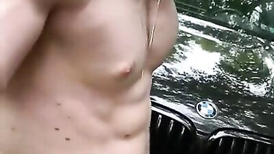 Handsome dude pulled over to fuck his twink stepbrother outside