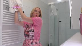 Super hot amazingly beautiful all natural big tits big ass blonde touches her pussy and panties under her skirt in the bathroom