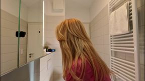 Super hot amazingly beautiful all natural big tits big ass blonde touches her pussy and panties under her skirt in the bathroom
