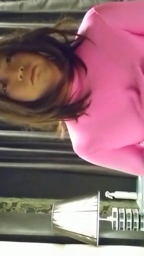 Cross-dressing boy masturbates in pink full-body tights   Clip 1