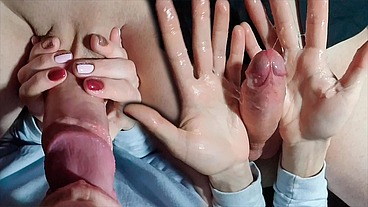 Sucking Cock, Licking Balls, Spitting on Cock, Jerking Cock with Spitting, Cum In Mouth, Smearing Cum of my Boss on Dick and Hands - Female POV Blowjob
