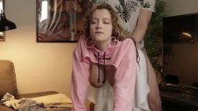 Unscripted big boob girl takes on all fours fucked and creampied