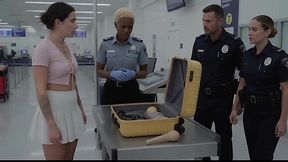 Inked teen babe getting fingered in her ass during TSA check. AI-modified video