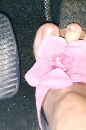 Revving My Car in Pink Flowered Flip Flops