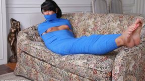 Cocooned In Bright Blue Wrap, Tanner Mays Can Hardly Move!