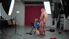Studio Secrets, Elegant Blonde Model Breeded on Director's Chair, Pro Studio Creampie