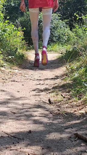 Walk in Forest in Whore Outfit Jerk off and Cumshot