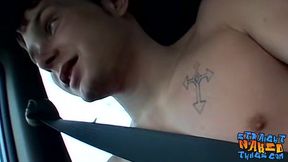 Young straight thuggish dude stroking dick publicly in car