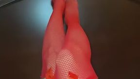 Asian with small feet with Sexy legs in red fishnet