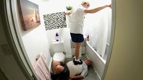 Danielle Tramples Her Slave On The Bathroom Floor