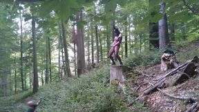 Wild forest pee session with bunny mask and fishnet