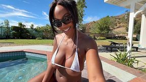 Cheating ebony milf has fun with big white cock in poolside interracial