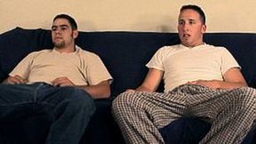 Hank and Wes are stroking dick on the couch