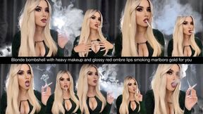 Blonde bombshell with heavy makeup and glossy red ombre lips smoking marlboro gold for you in a low cut top close up!