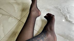 Black nylon feet and long toes, toes in hose, nylon soles, stockings on me