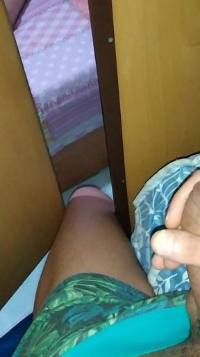 Hiding while masturbating on boyfriend and cumming on his ass