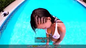 Brunette HOT MOM enjoys enormous dick in pool with cumshot on melons